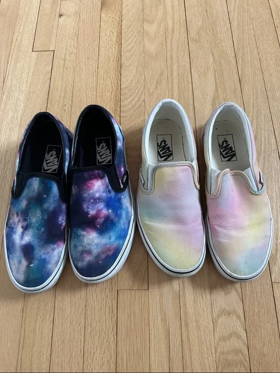Lot of 2 pairs of Vans slip-ons, Galaxy & Pastel Tie-Dye 6.5 men’s / 8 women’s - Picture 1 of 15